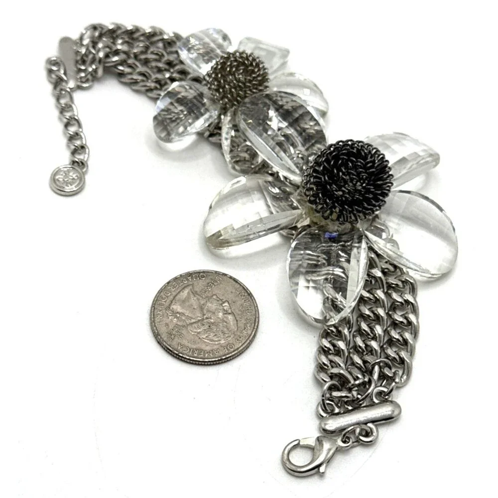 New VERA WANG Faceted Crystal Flowers Bracelet Silver Tone Chainmail Statement